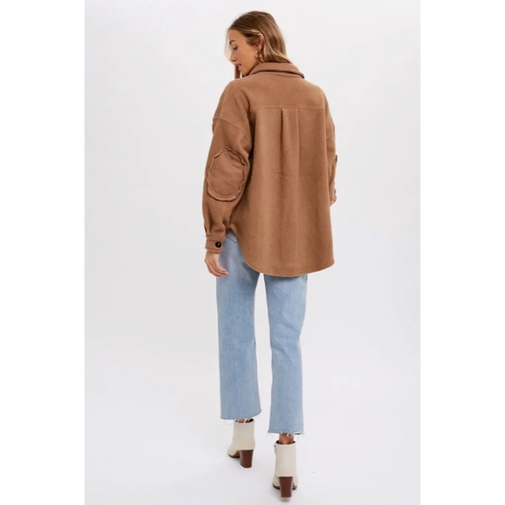 SOLD OUT Latte Button Front Fleece Jacket W/ Elbow Patches & Pockets Fall Winter - Picture 5 of 5